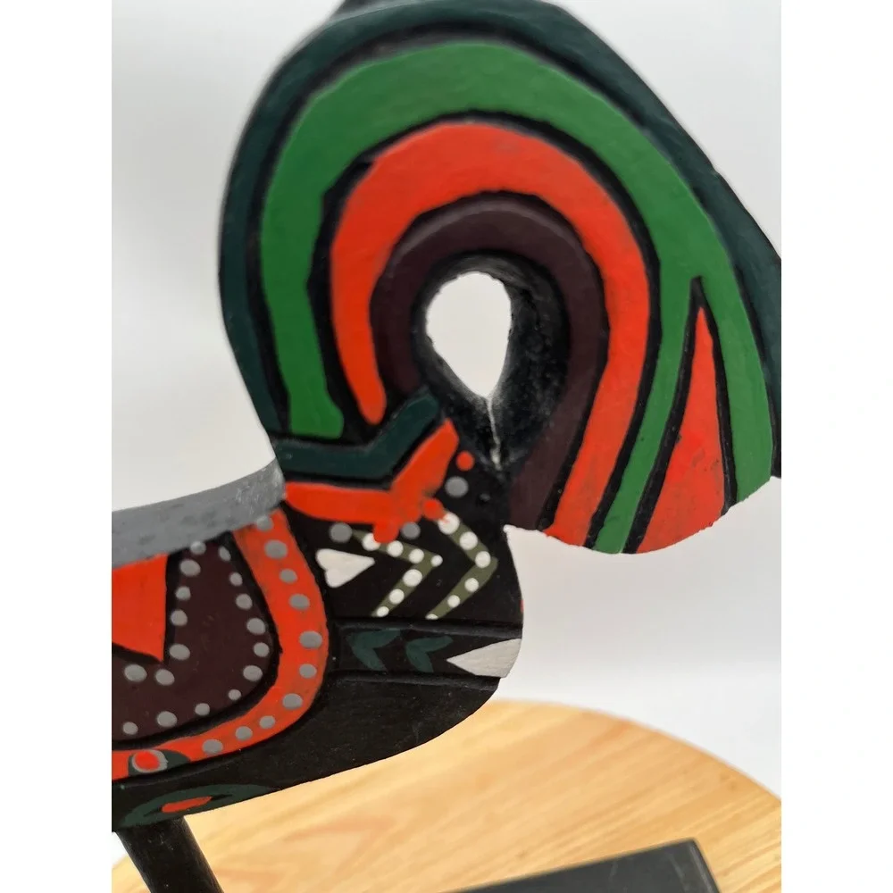 Painted Wooden Horse Folk Art Figurine on Black Pedestal Stand Pier 1